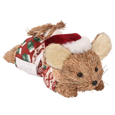 Decoris stro muis - Met kerstmuts en schort - Liggend